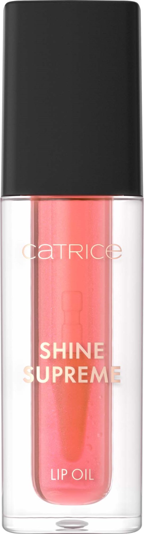 En klar leppeolje med svart hette og rosa innhold, merket Catrice Shine Supreme Lip Oil.