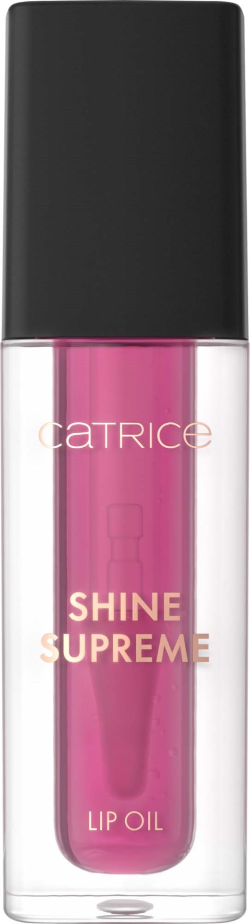 En rosa leppeolje i en klar flaske med svart hette, merket Catrice Shine Supreme Lip Oil.