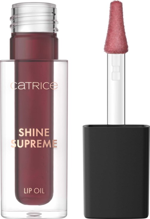 Leppeglansrør med svampapplikator og svart lokk. Teksten viser Shine Supreme Lip Oil.