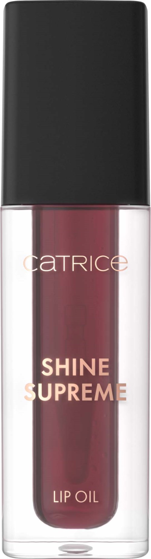 Catrice Shine Supreme leppeolje i en gjennomsiktig flaske med svart lokk, viser den rosa leppeoljen inni.
