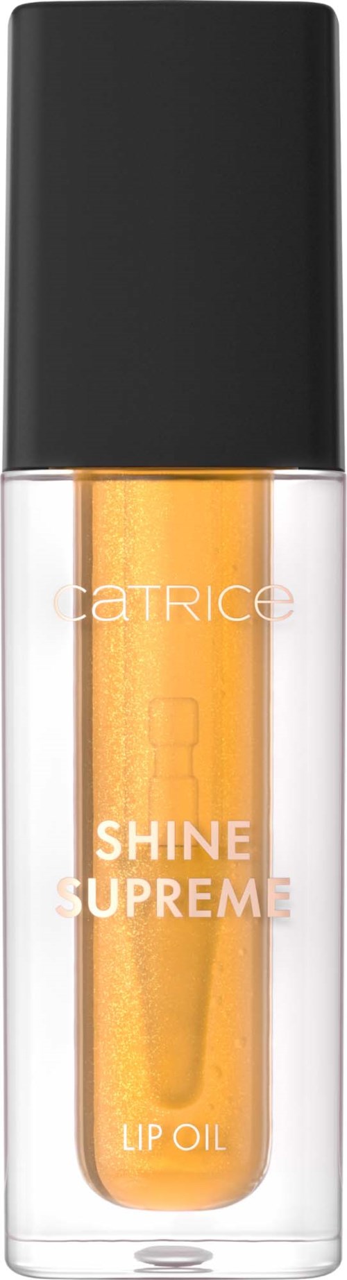 Lip oil i en gjennomsiktig flaske med svart lokk, merket Shine Supreme av Catrice.