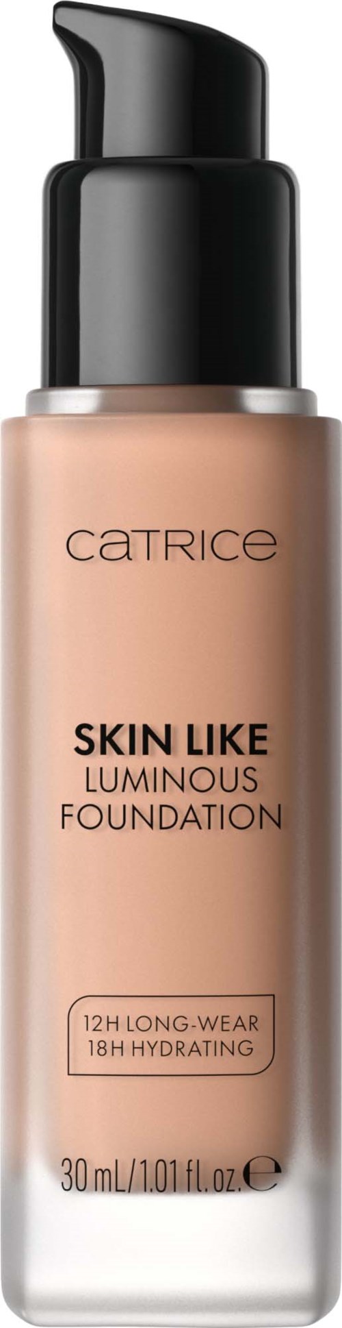 En beige flaske med Catrice Skin Like Luminous Foundation med svart pumpetui.