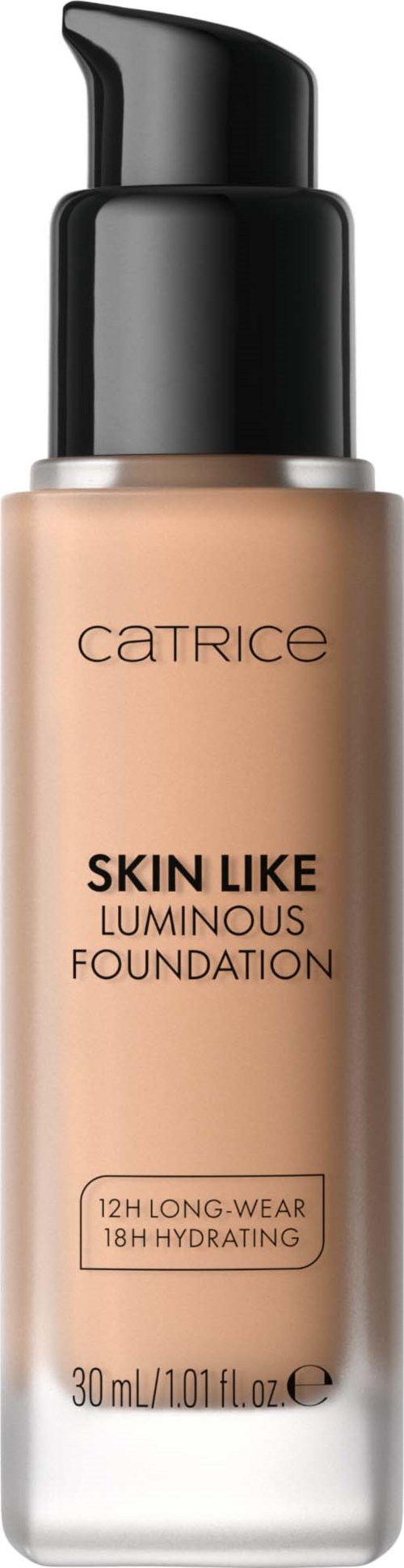 En flaske fra Catrice Skin Like Luminous Foundation med svart pumpe og beige væske.