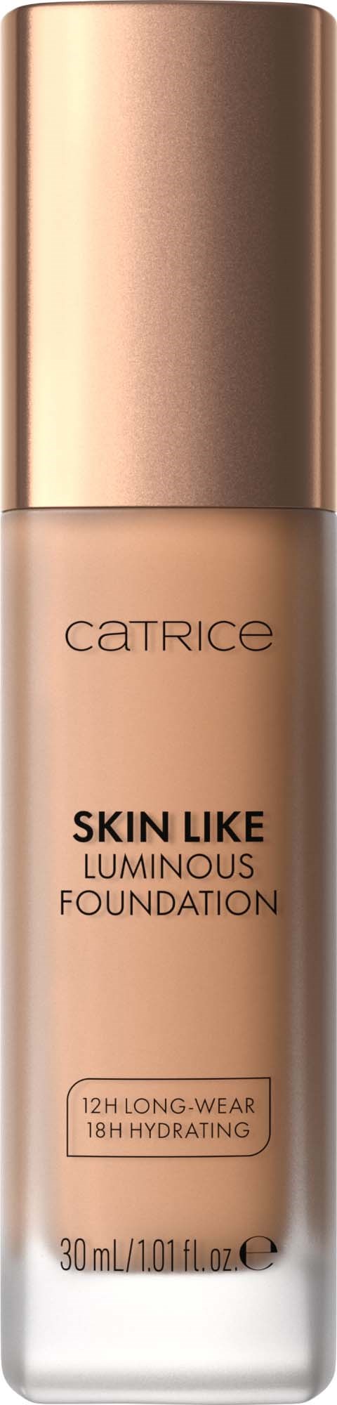 Catrice Skin Like Luminous Foundation-flaske med rosa gulllokk og beige væske inni.