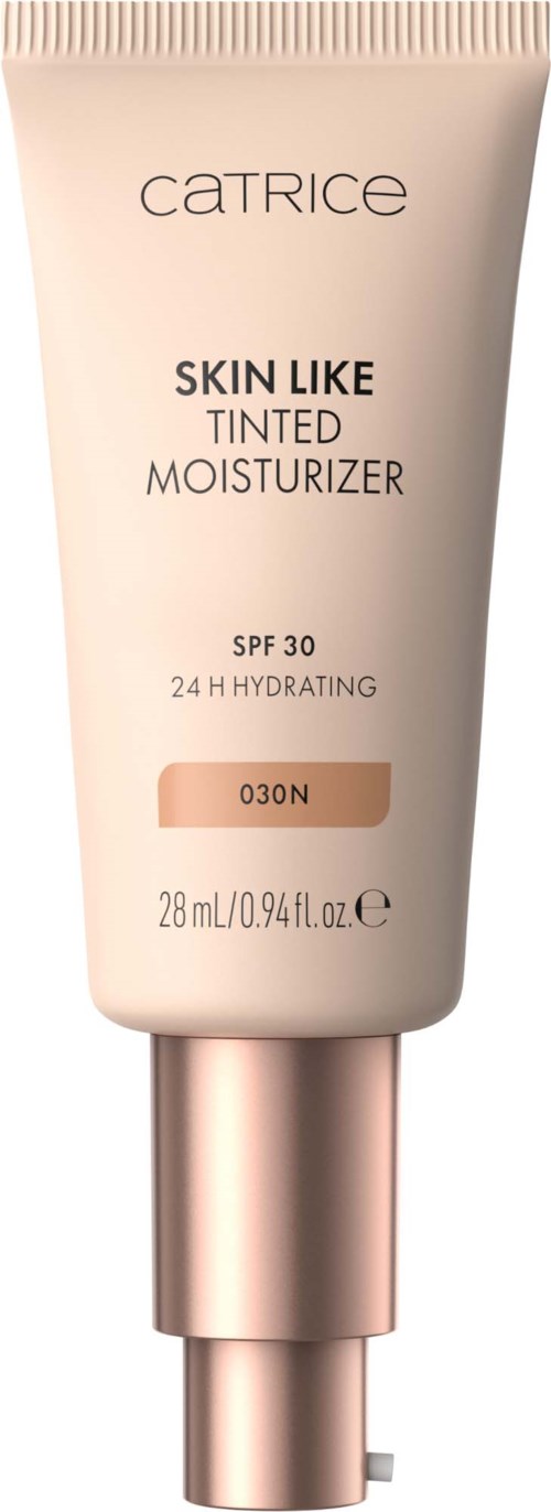 Tub med tonad fuktkräm med SPF 30, säger 'skin like,' '24 timmars återfuktning' och färgkod O30N.