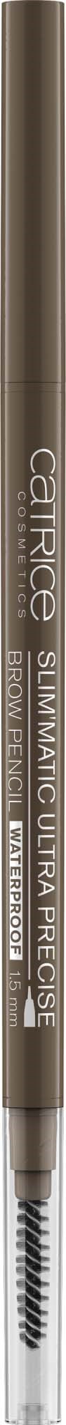 Ein langer brauner Make-up-Bleistift mit feiner Spitze und einer Spirale am Ende, gekennzeichnet "Catrice Slimmatic Ultimate Powder."
