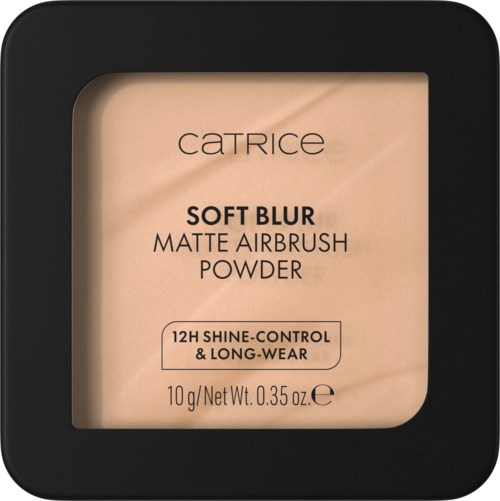 Catrice Soft Blur mattasääpuuteri, 12 tunnin kiiltohallinta ja pitkäkestoinen, neliön muotoisessa pakkauksessa, sisältää beige-meikkituotteen.