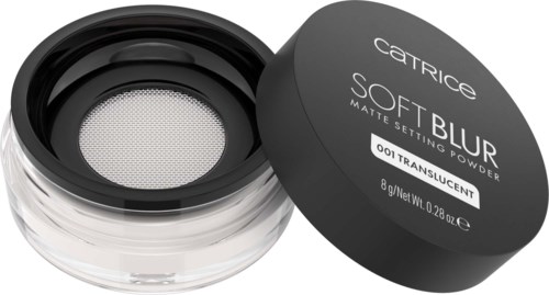 Container of Catrice Soft Blur powder with black lid, label shows product name and shade 001 Translucent.