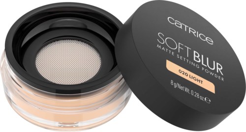 A round container of Catrice Soft Blur powder with black lid, labeled 'O20 Light'.