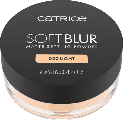 Black round container of Catrice Soft Blur matte setting powder with light shade label. Contains 8 grams.