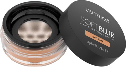 Catrice Soft Blur powder with a black round container and see-through lid, labeled as matte setting powder in shade 0.40 Tan.