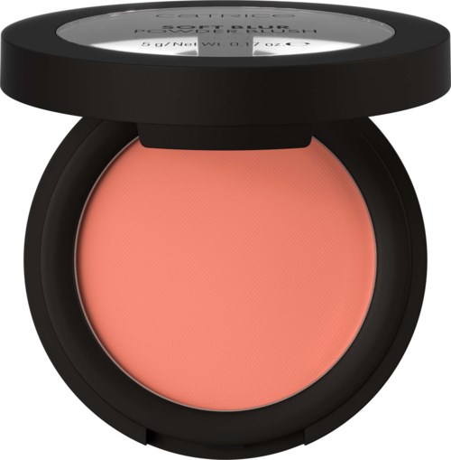 A round blush compact with a light pink color inside and a black lid, labeled 'Huda Beauty.'