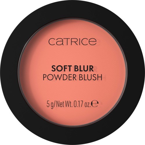Round blush container with peach-colored powder label, black border, and brand name Catrice on top.