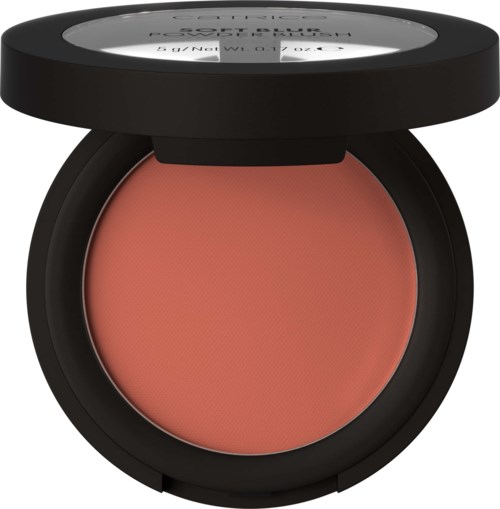 A round blush compact with a peach-colored blush inside and a black lid partially open.