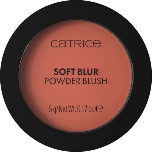 A round makeup product labeled Catrice, Soft Blur Powder Blush, 5 grams, with a peachy shade.
