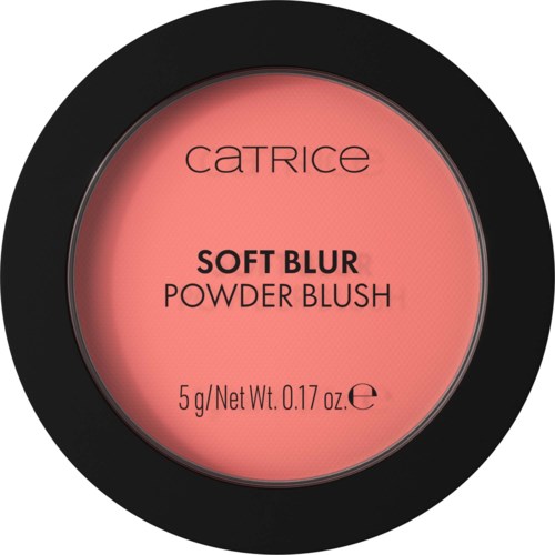 A compact round blush container with a pink shade and black rim, labeled 'Catrice Soft Blur Powder Blush'.