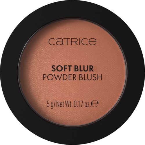 Round blush container with black rim, labeled 'Catrice Soft Blur Powder Blush' in the center.