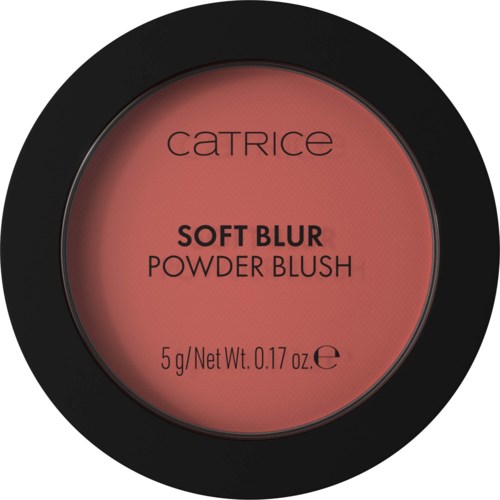 A round container of Catrice blush with a pinkish shade and black outer rim, labeled 'Soft Blur Powder Blush' and weight.