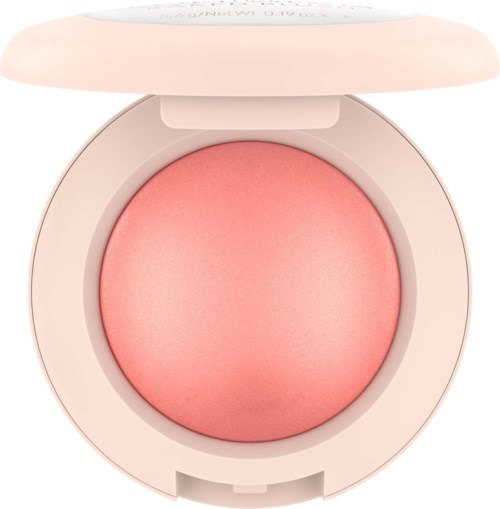 En rund rouge i rosa nyans med ett vitt kompaktfodral och ett delvis öppet lock.