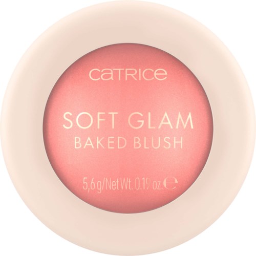 Ett runt rouge-förpackning märkt 'Catrice Soft Glam Baked Blush' med ett rosa fält inuti.