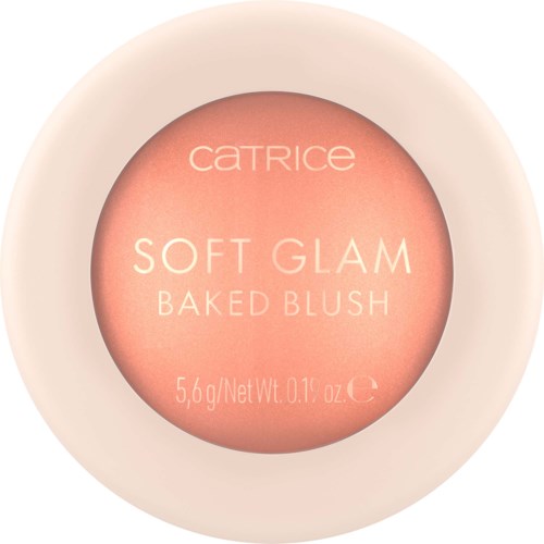 En rund makeupprodukt med en persikfärgad färg. Den har orden "Catrice," "Soft Glam" och "Baked Blush" skrivet på den.