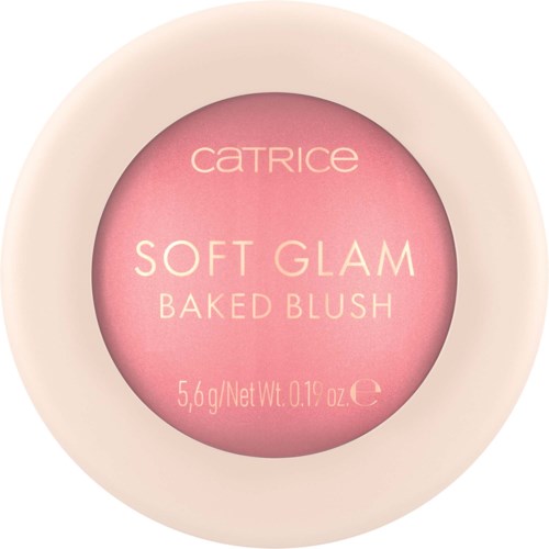 En rund rouge-behållare med rosa makeup inuti, märkt "Catrice Soft Glam Baked Blush" och viktuppgifter.