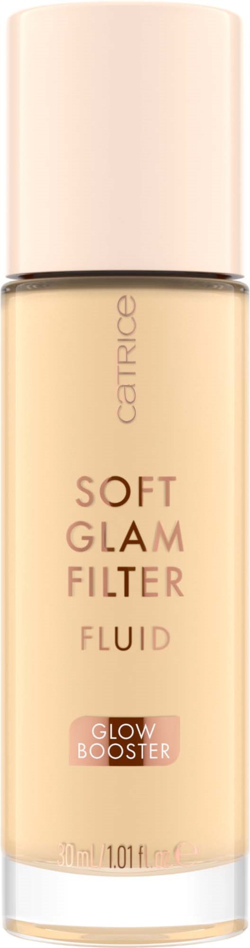 Beige pullo vaaleanpunaisella kannella, nimeltä 'Catrice Soft Glam Filter Liquid Glow Booster'.