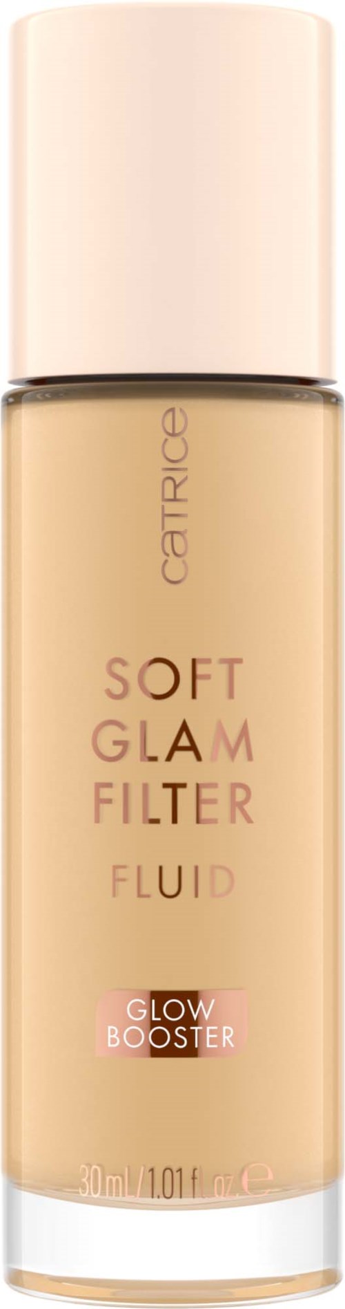 Beige pullo, jossa vaaleanpunainen korkki, nimeltä Catrice Soft Glam Filter Liquid with Glow Booster.