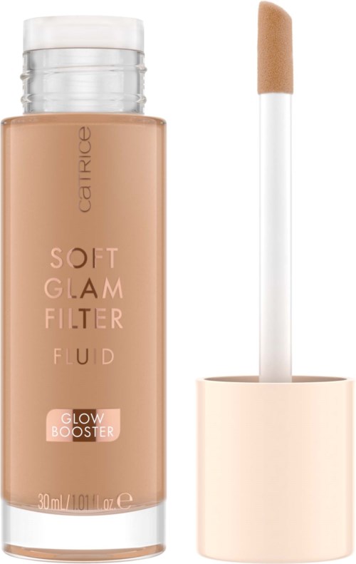 Nestemäinen meikkivoide pullo ja pitkä aplikaattori, merkinnät 'Soft Glam Filter Fluid' ja 'Glow Booster'.