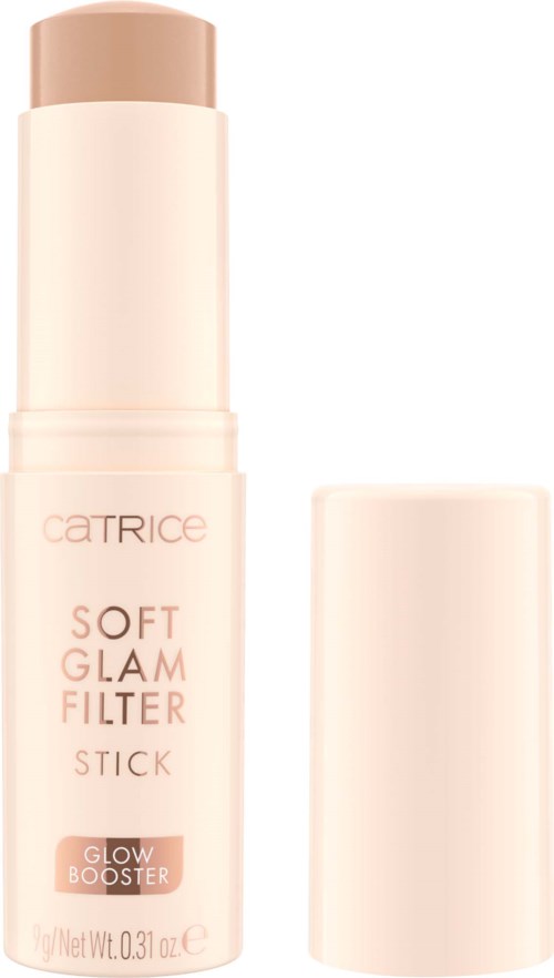A beige stick with a matching cap. The label says 'Catrice Soft Glam Filter Stick' and 'Glow Booster'.
