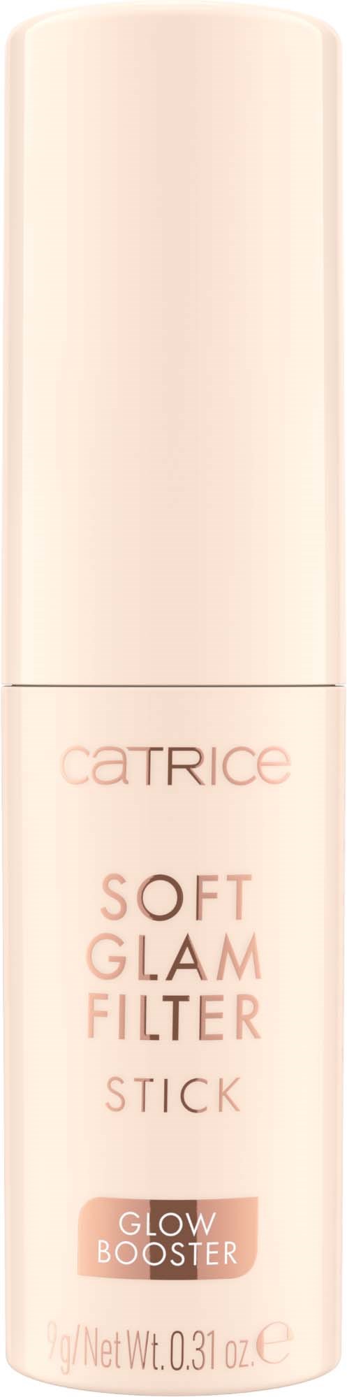 A white bottle labeled "Catrice Soft Glam Filter Stick" with a "Glow Booster" description on the lower part.