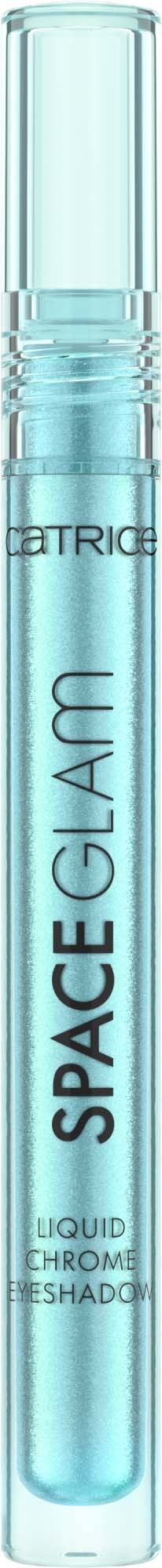 Vaaleansininen nestemäinen eyeliner, jossa läpinäkyvä kansi ja musta teksti, merkinnällä 'SPACE GLAM'.