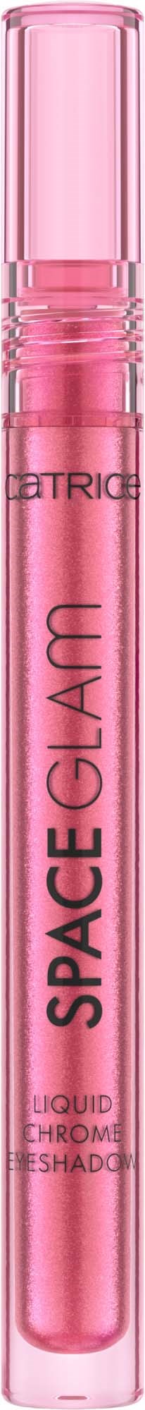 Pinkki nestemäinen huulipuna läpinäkyvässä putkessa vaaleanpunaisella korkilla, jossa lukee 'SPACE GLAM' ja 'LIQUID CHROME'.