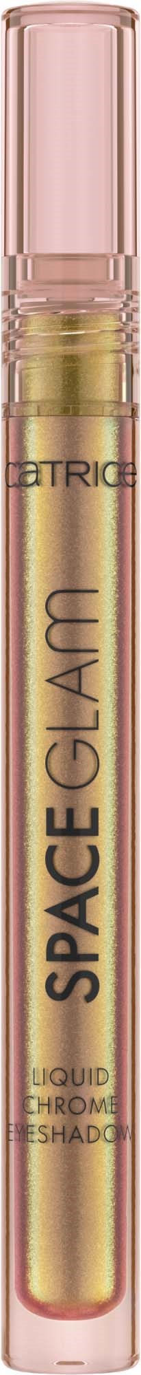 Gouden vloeistof in een doorzichtige buis met roze dop, gelabeld 'SPACE GLAM'.