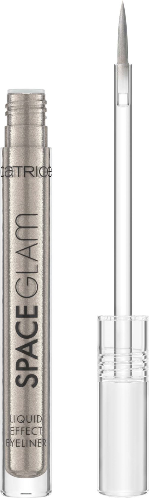 A silver liquid eyeliner in a clear tube with a brush applicator.