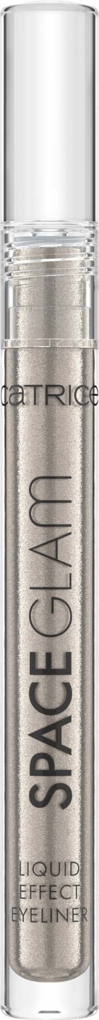 A clear, slim tube with a silver cap, labeled 'SPACE GLAM' and 'LIQUID EFFECT EYE LINER' underneath.