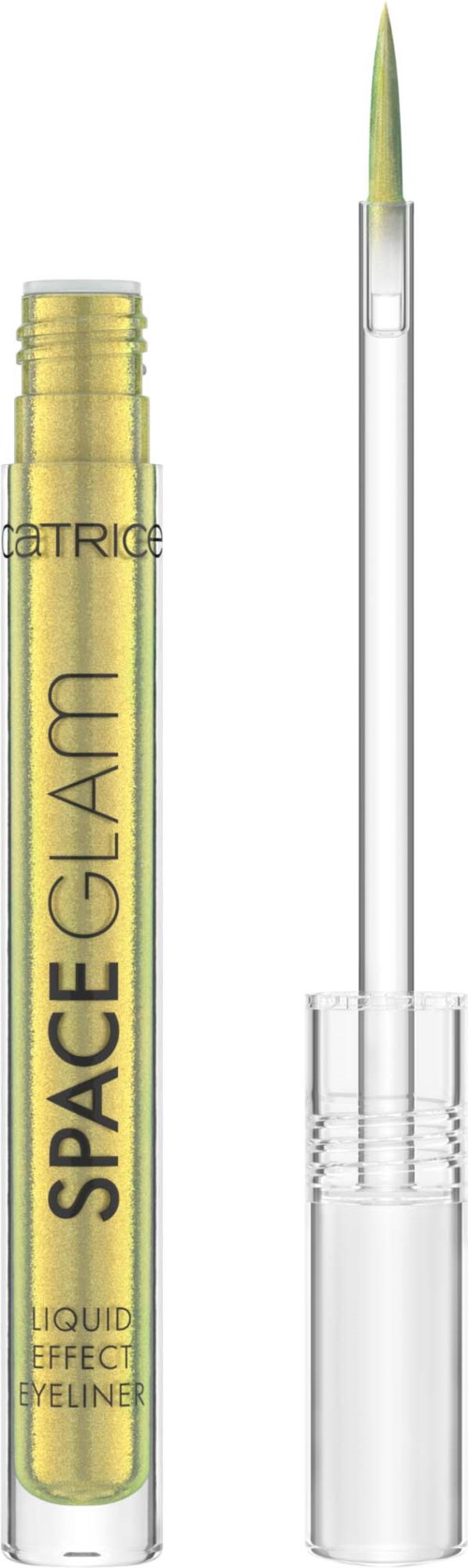 A yellow liquid eyeliner pen with the brand name 'SPACE GLAM' on it, and its brush applicator next to it.
