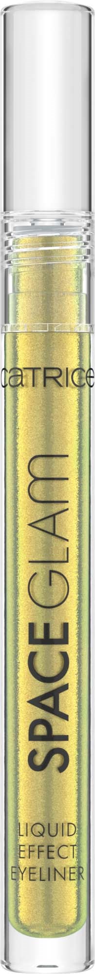 A clear tube with yellow liquid labeled 'SPACE GLAM' and 'LIQUID EFFECT EYELINER' inside.