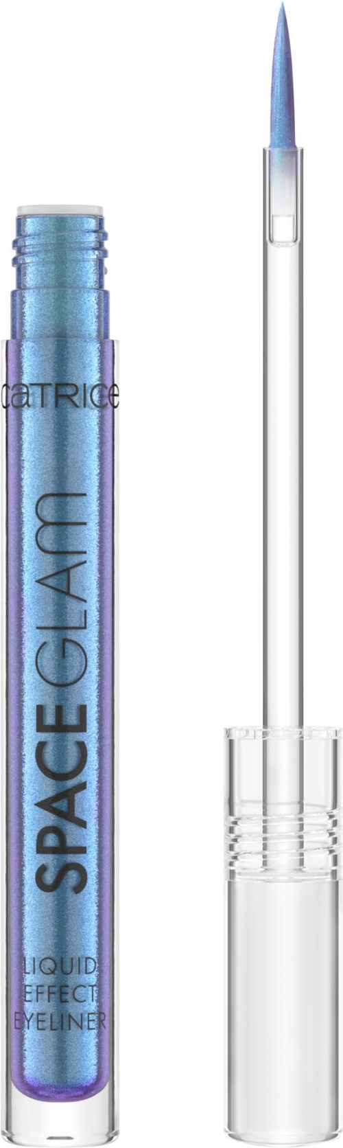 A blue gel eyeliner tube with a clear cap and pointed applicator. The product name is 'SPACE GLAM' by CATRICE.