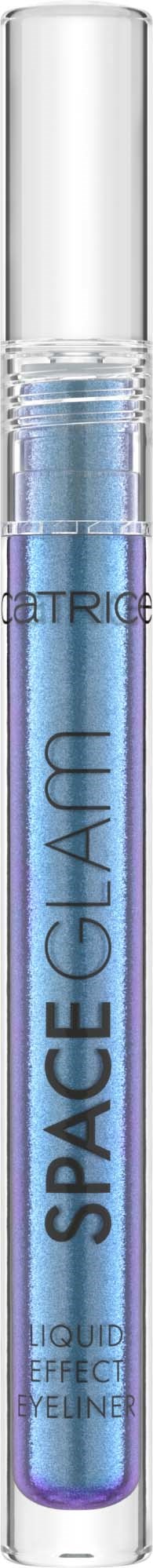 A clear tube with blue liquid called Space Glame, with a white cap, standing vertically.