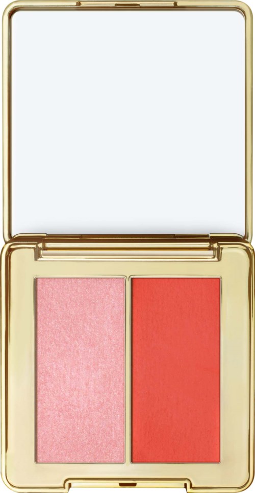 Een kleine make-uptas met twee blush kleuren, roze en koraal, en een spiegel in het deksel.