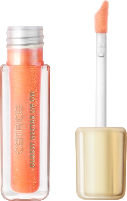Lipgloss in een doorzichtige tube met een gouden dop en een sponsapplicator.