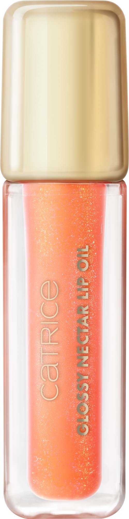 Een lipglossfles met een gouden dop en perzikkleurige gloss erin.