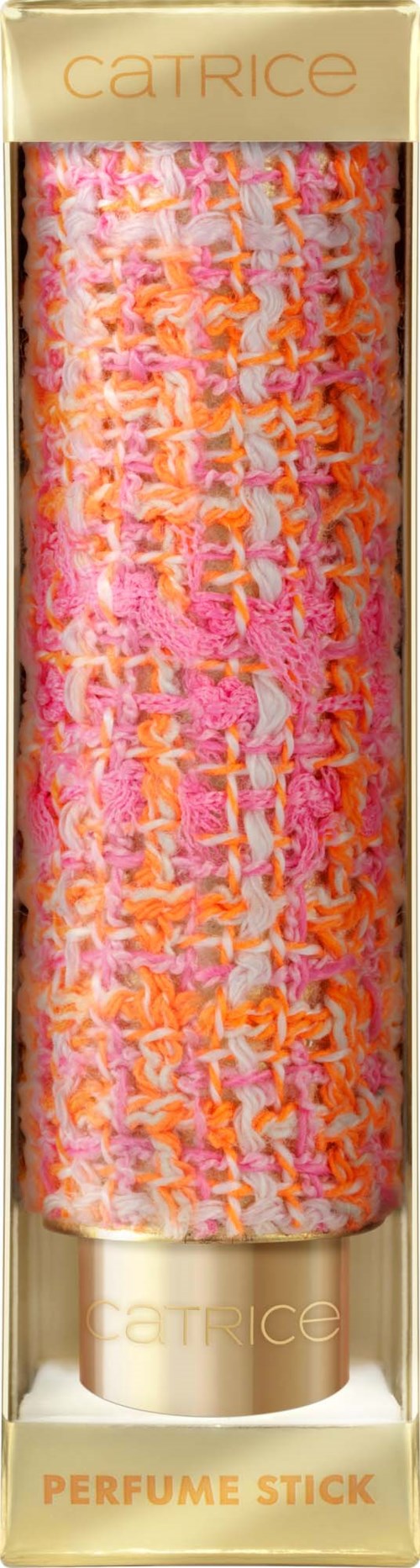 Een Catrice parfumstick met kleurrijk, textuurrijk stof in roze, oranje en roomkleur binnen doorzichtig verpakt.