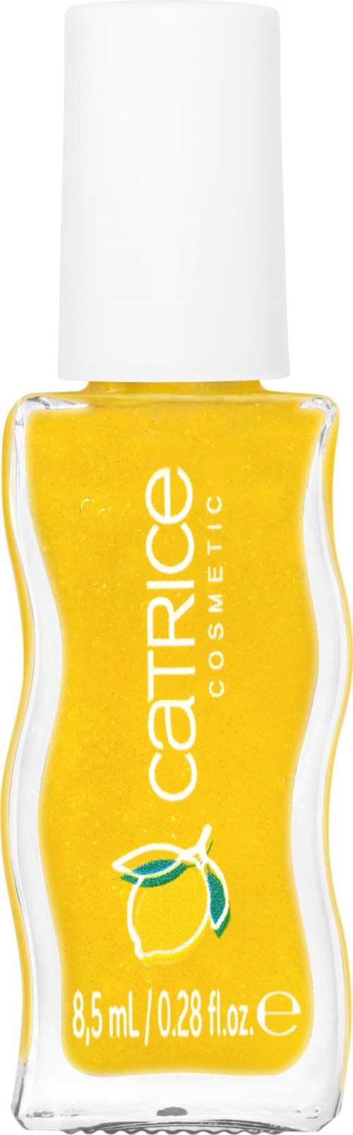 En liten ljusgul flaska med vit kork, märkt 'Catric Cosmetic', som innehåller nagellack.