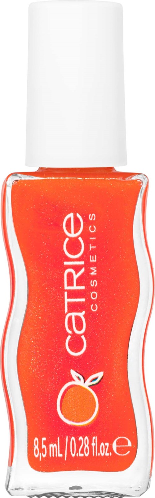 Held-orange nagellakkfles met witte dop. Het heeft de merknaam 'Catrice Cosmetics' en een sinaasappellogo.
