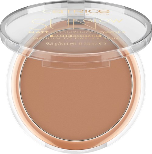A compact of Catrice Stay Natural Matte Powder with a clear lid and product details printed on it.