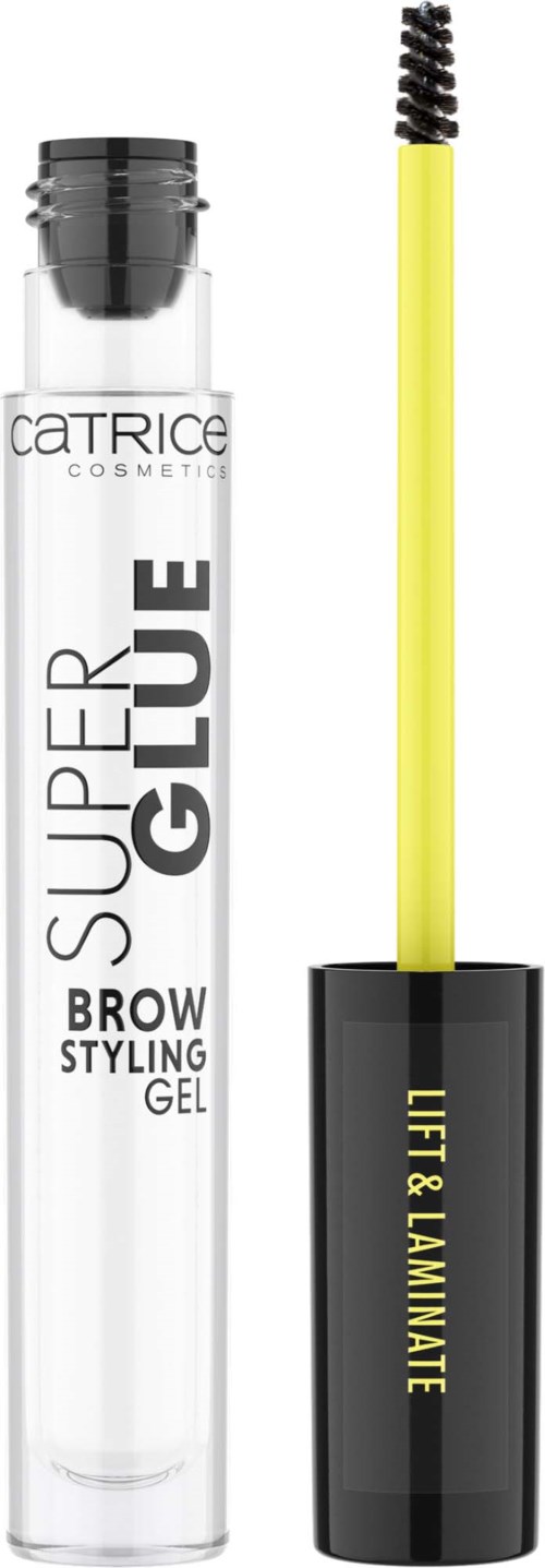 A clear tube with black cap, yellow brush inside, and text about brow styling gel. The brand is Catrice.
