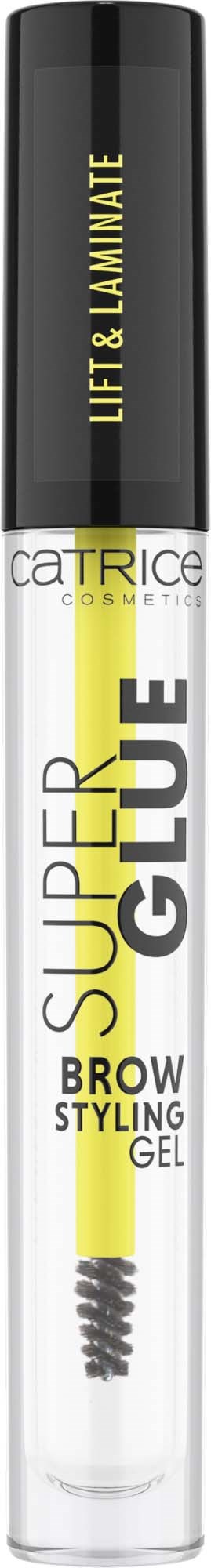 A clear tube with a yellow brush inside for brow grooming, labeled 'Super Glue' brow styling gel, with black and yellow cap.