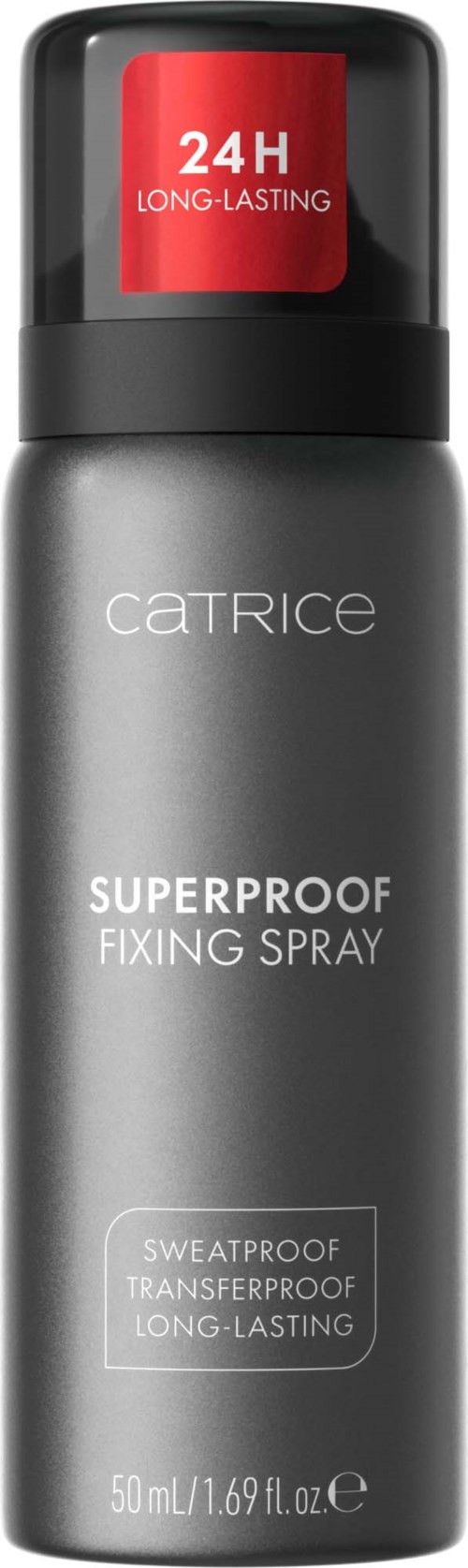 En grå sprayflaska med svart lock, märkt CATRICE Superproof Fixing Spray, som visar att den håller i 24 timmar och är svettresistent.
